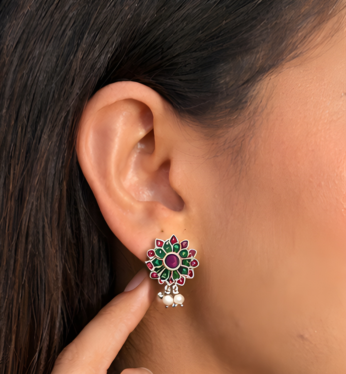 Pink-green floral stud earrings