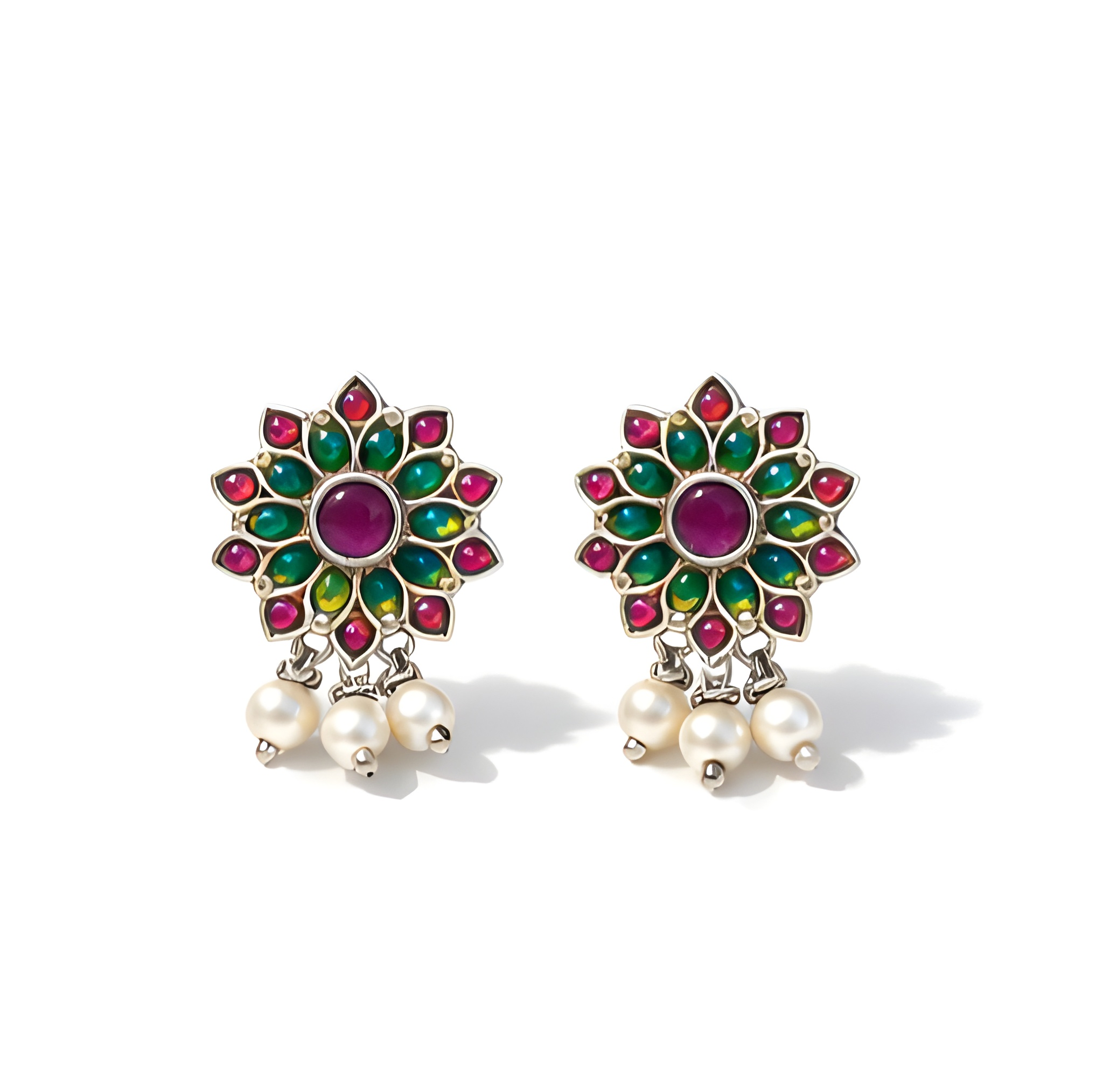 Pink-green floral stud earrings
