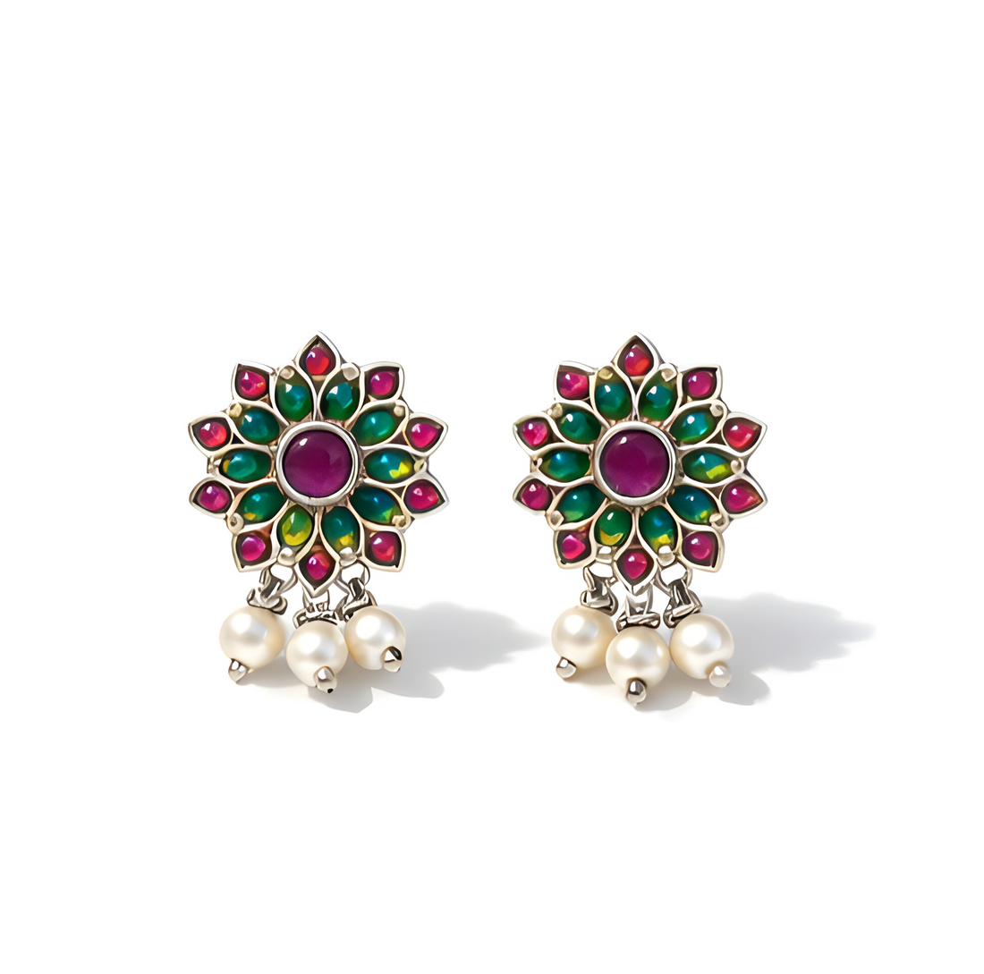 Pink-green floral stud earrings