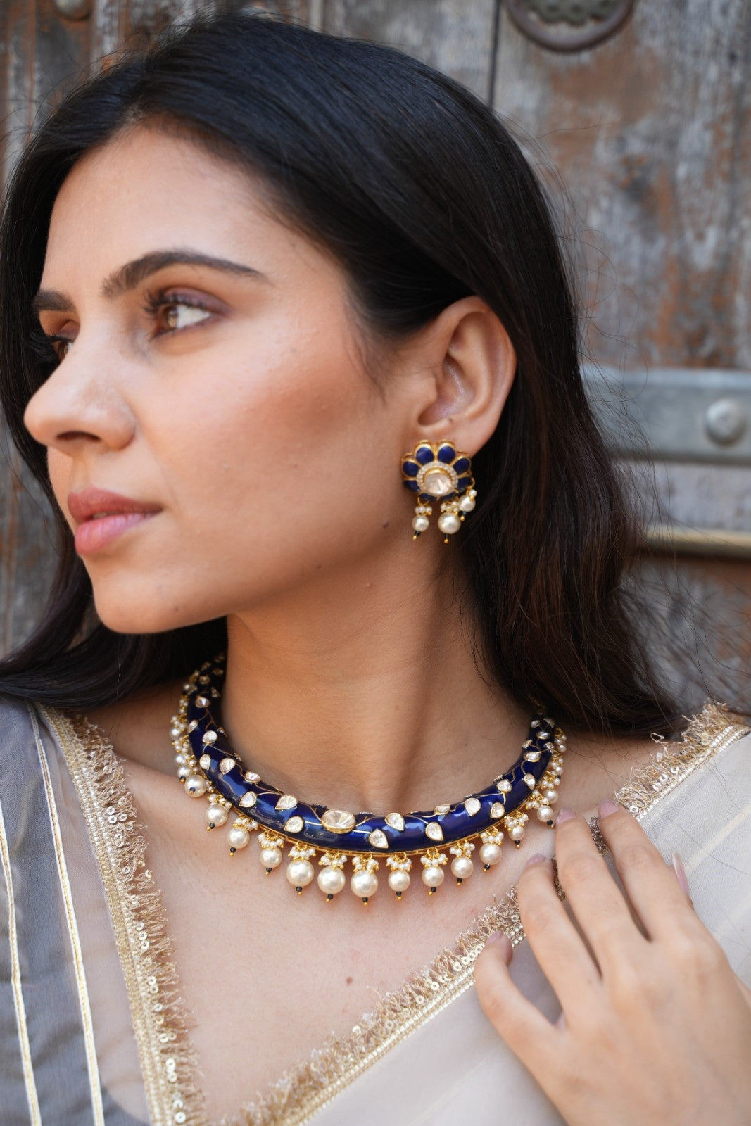 Blue Kundan Meenakari Hasli Set with Pearl