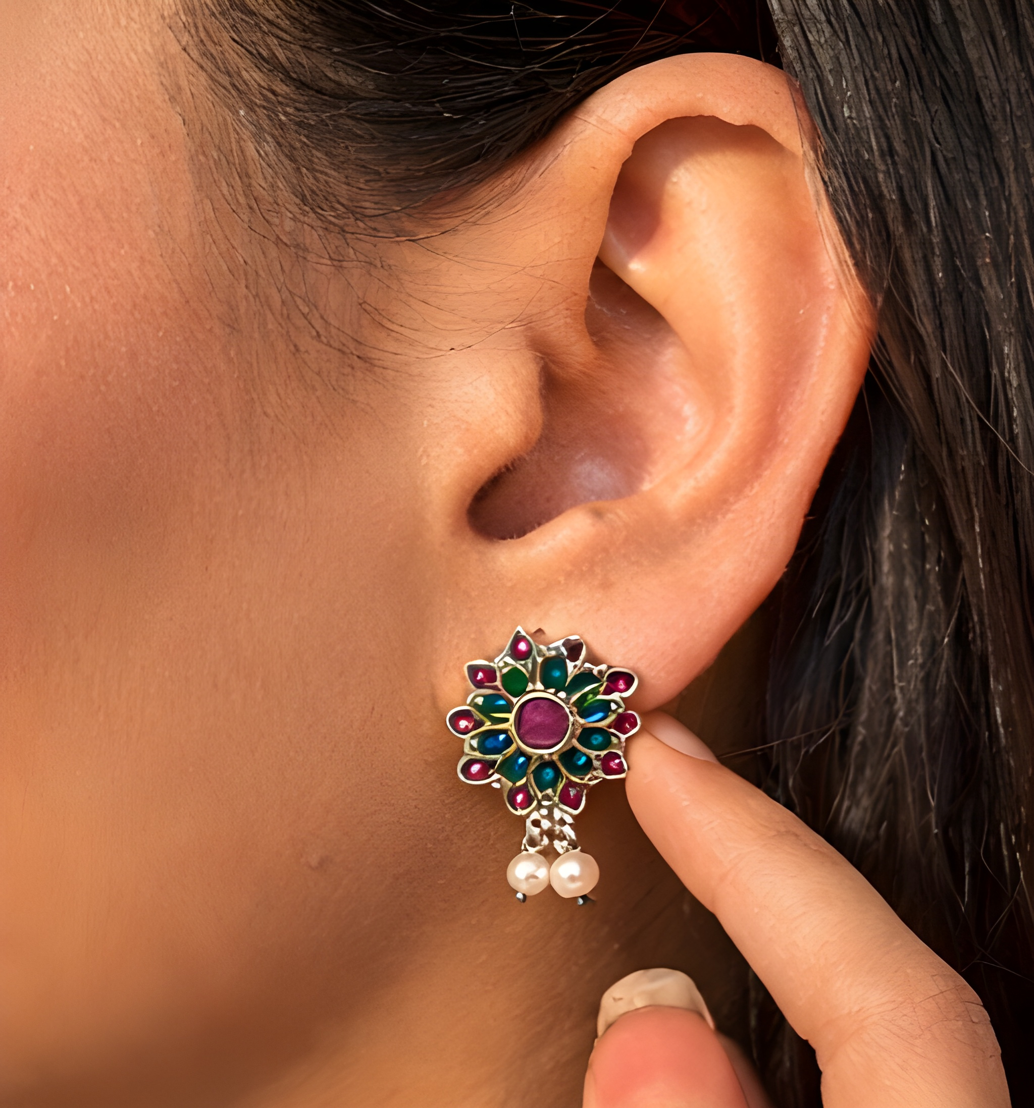 Pink-green floral stud earrings