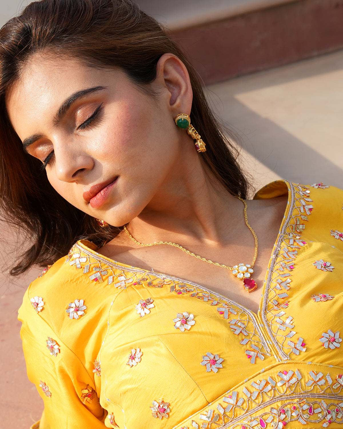 Moissanite Polki Ruby Pendant with Silver Chain