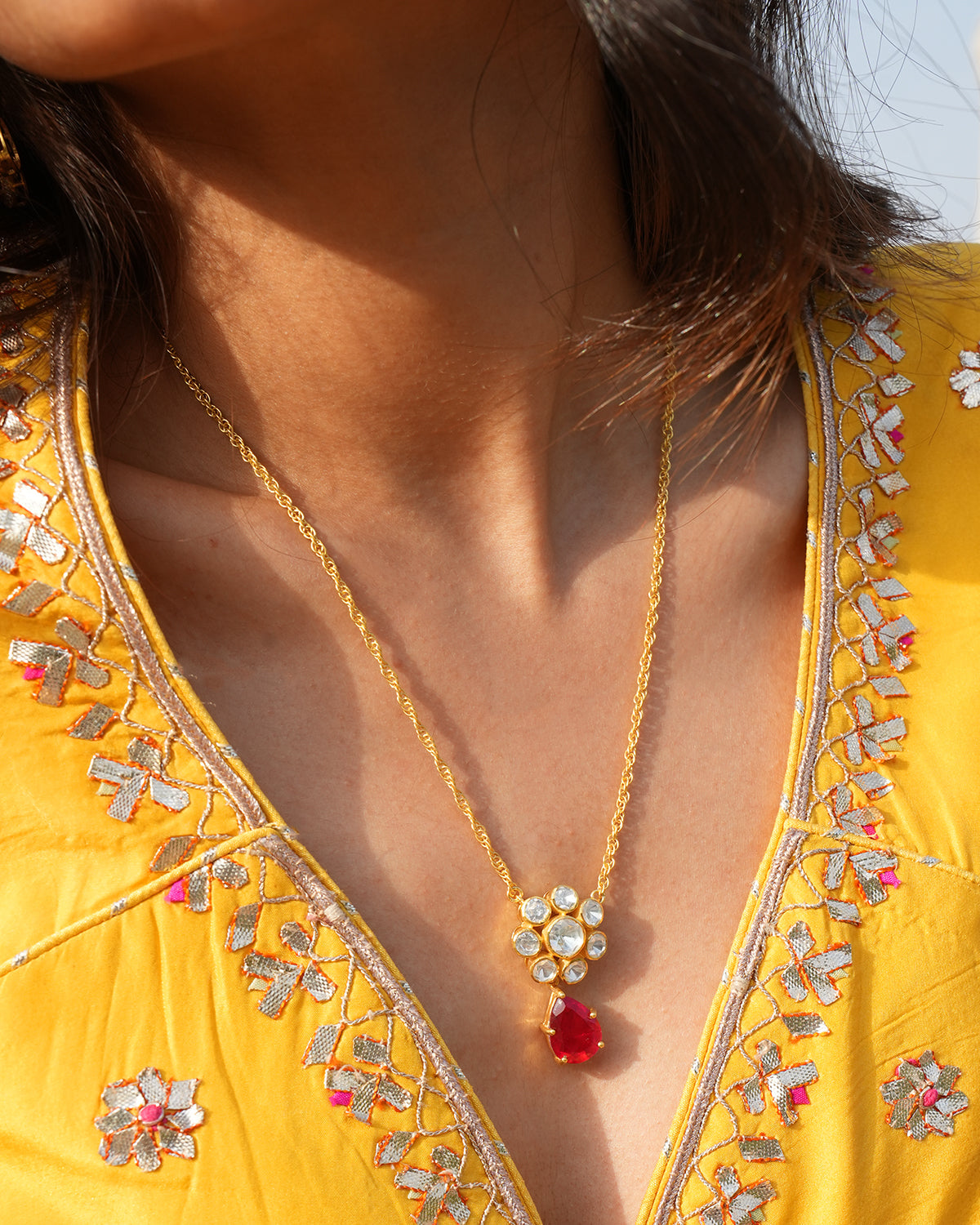 Moissanite Polki Ruby Pendant with Silver Chain