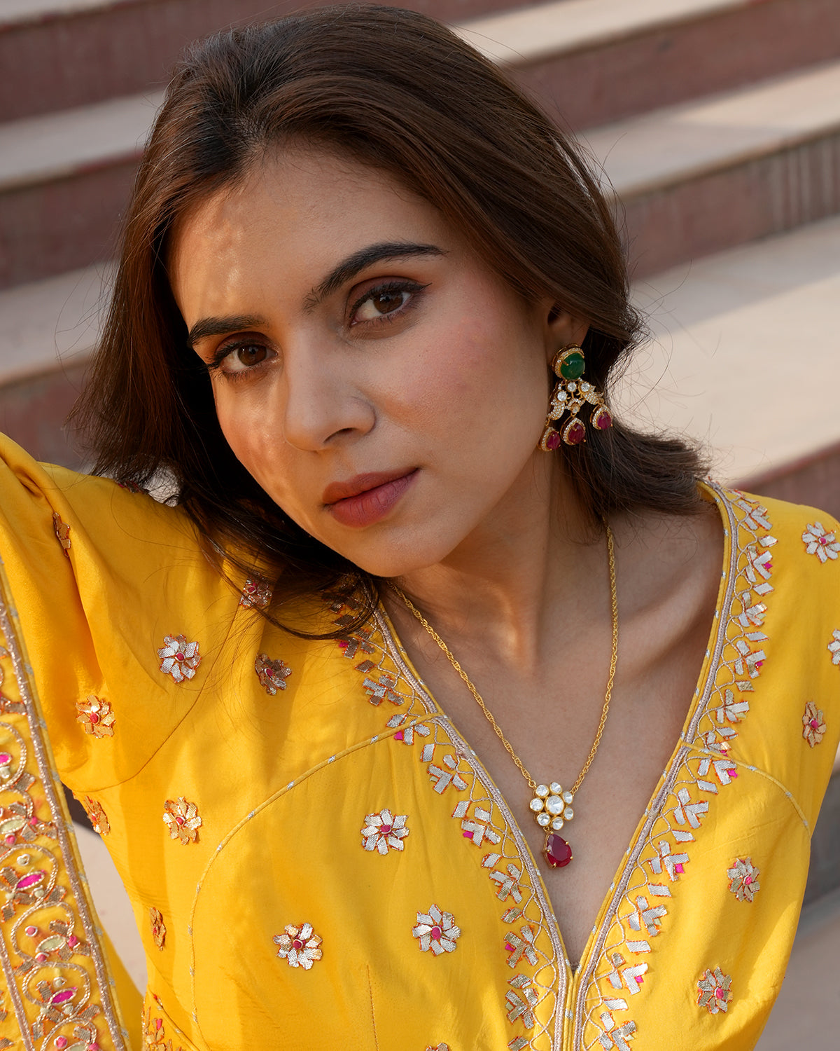 Moissanite Polki Ruby Pendant with Silver Chain