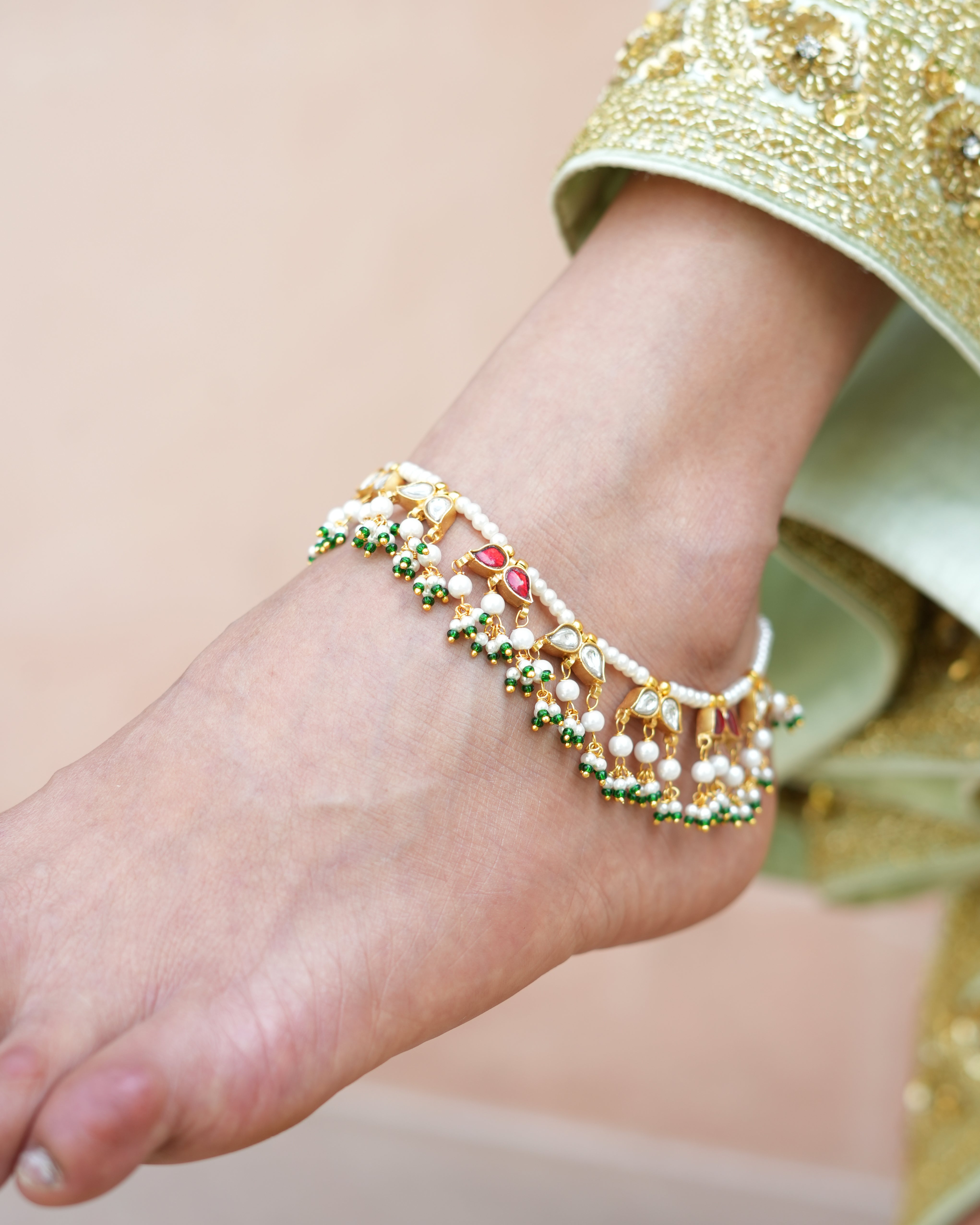 925 Silver Polki Anklet Adorned with Pearl Drops