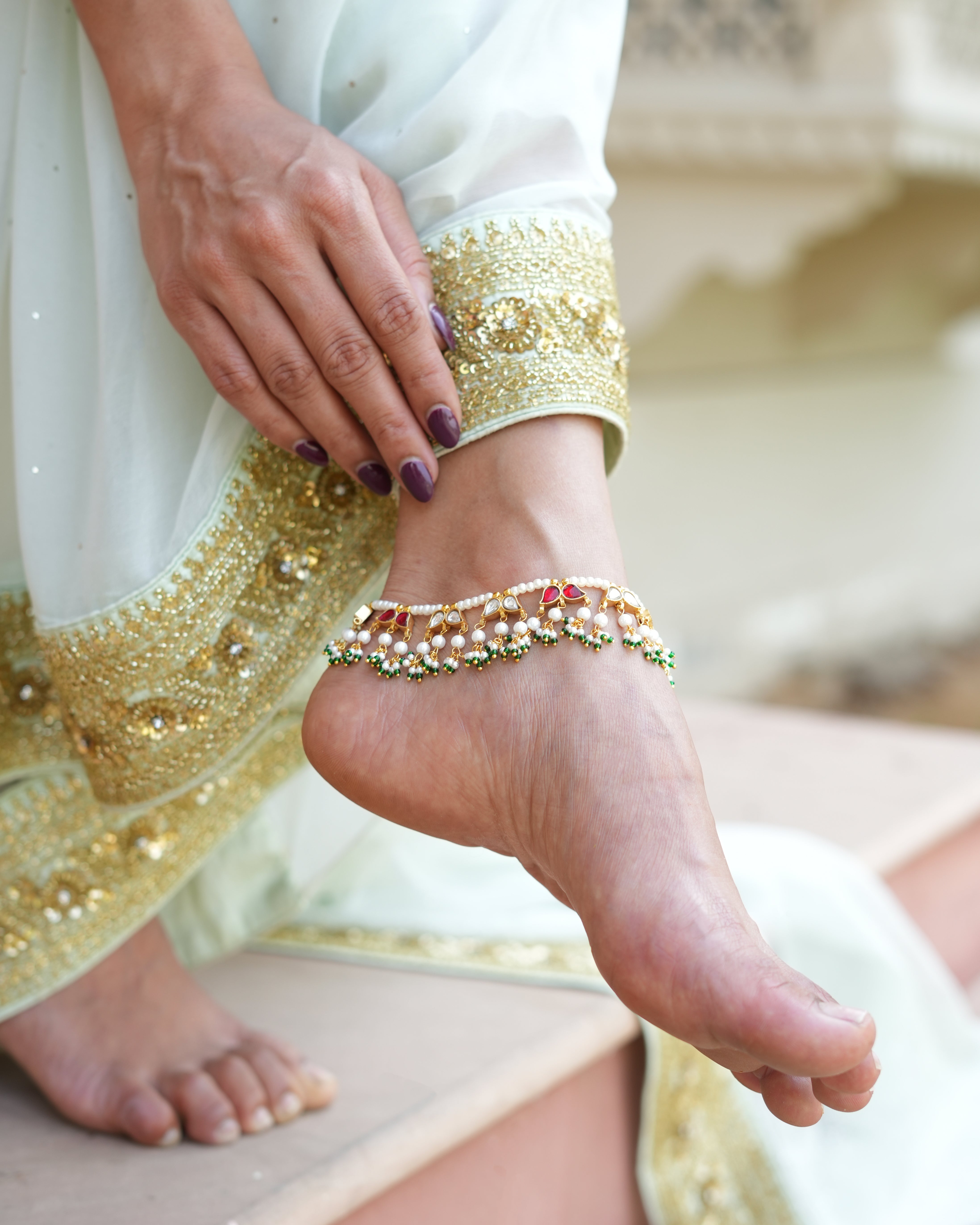 925 Silver Polki Anklet Adorned with Pearl Drops