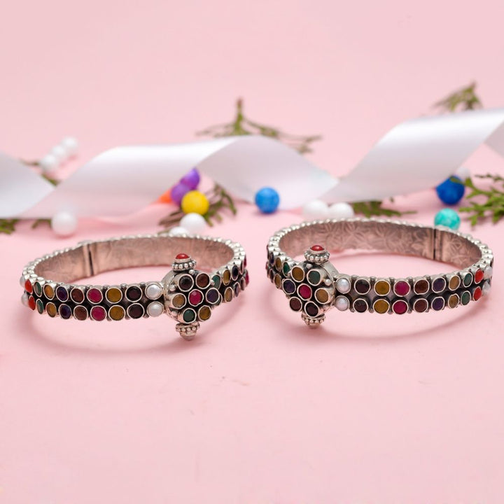 Silver Bangles With Navratna Stones